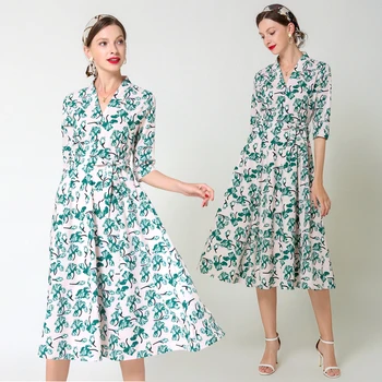 

Simgent Spring Summer Three Quarter Sleeve Printing Dress Women V-Neck Slim Elegant A Line Buttons Midi Dress SG0032714