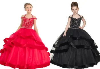 

Beaded Halter Little Girls Sequin Kids Children Miss National Pageant Holy First Communion Prom Birthday Party Dance Dresses