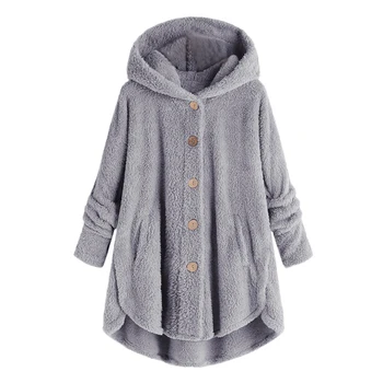 

Casual Long Sleeve Button Hooded Winter Cute Outwear Women Coat Solid Loose Thicken Faux Fur Irregular Warm