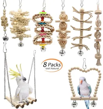 

8 Packs Bird Parrot Swing Chewing Toys with Upgraded Bell, Creatiee Natural Wood Standing Hanging Hammock Bird Cage Toys