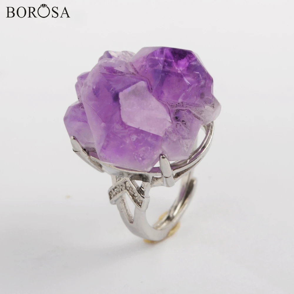 

BOROSA 10Pcs Silver Plated Freefrom Natural Amethysts Faceted Ring Natural Quartz Ring Jewelry Factory Outlet ZG0433