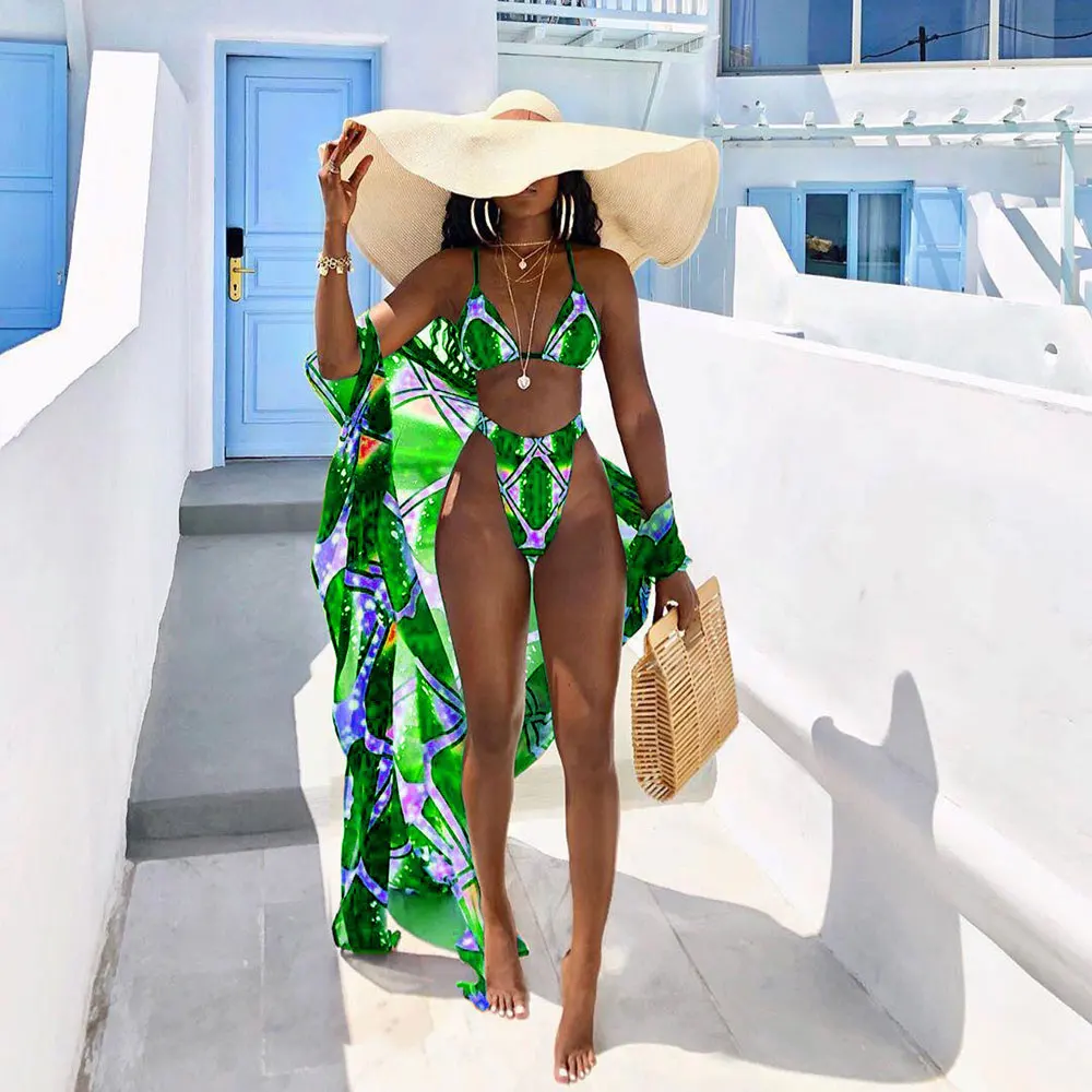 

Summer Sexy Swimsuit Cover Ups For Women Print 3 Piece Bikini Set Spaghetti Strap Crop Top Beachwear Outfits Matching Set