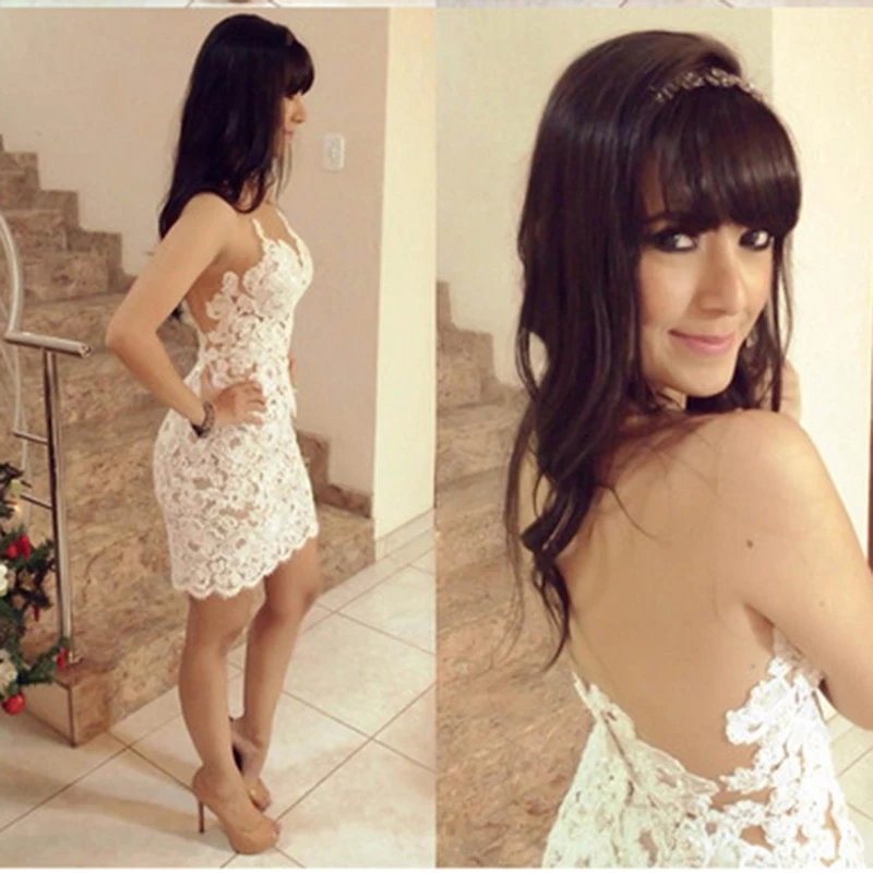 Summer Women Short Dress Elegant White Hooked Flower Mesh Stitching Hollow Out Ladies Backless Solid Vestidos Female | Женская одежда