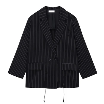 

Fashion autumn ladies striped slim suit jacket female Korean version loose suit office double breasted drawstring thin section