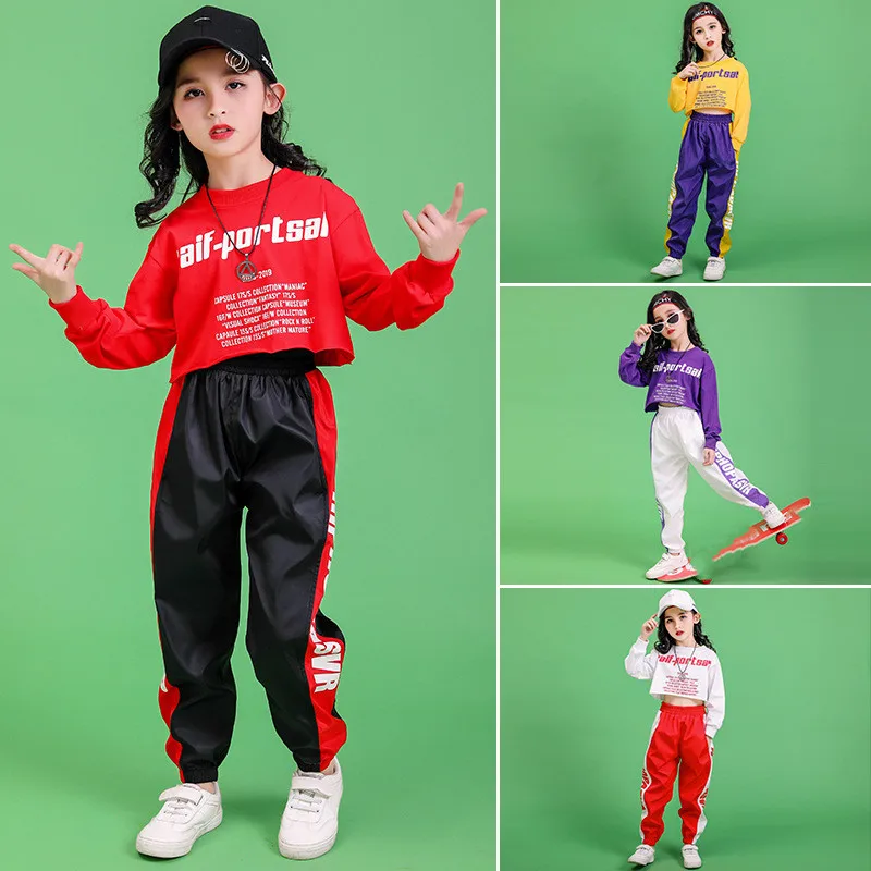 Jazz Dance Costumes Hip Hop Kids Long Sleeve Hooded Crop Top Jogger Pants Girls Hiphop Clothes Street Dance Stage Show Wear (12)
