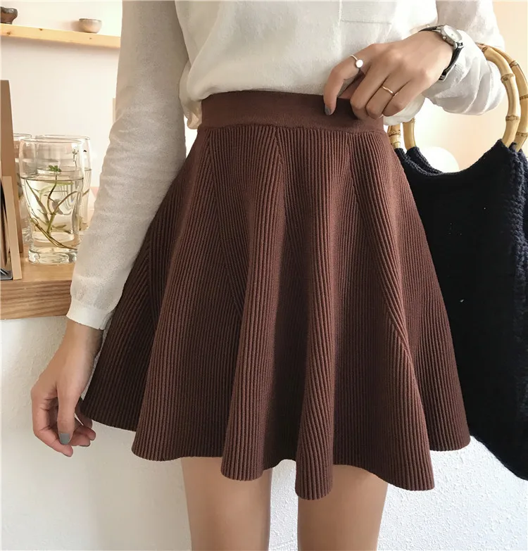 Dark brown Шикарная Женская Мини трикотажная юбка осень зима Сексуальная твердая Высокая талия короткие юбки зонтик А-силуэта юбка Женская эластичная мини-юбка - Цвет: Dark brown