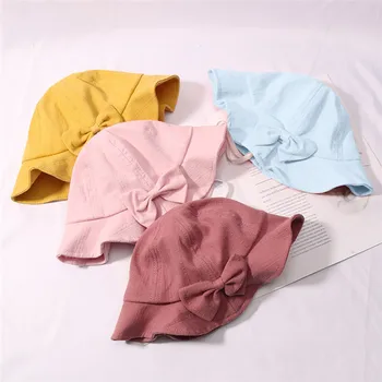 

Bow Solid Color Wavy Side children's Basin Cap Baby Bucket Hat Spring And Summer Children Baby Girl Hat Bow Girl Sun Hat