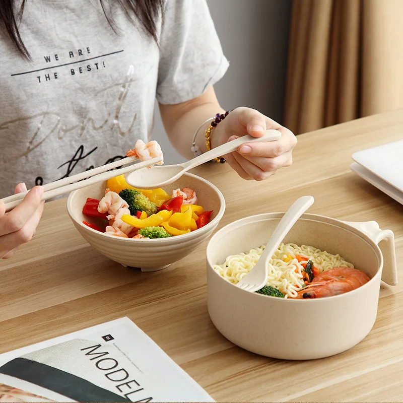 

Eco-Friendly Wheat Straw Instant Noodles Bowl With Lid Handle Dinnerware Set Soup Salad Rice Bowl Microwaveable Bowl