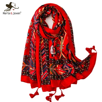 

Marte&Joven Personalized Cartoon People Print Red Women Pashmina Scarf Long Arrow Pattern Summer Beach Wrap Soft Winter Scarves