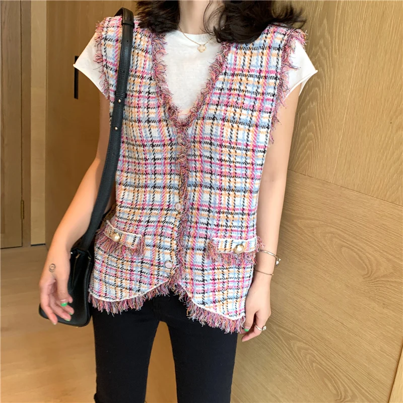 

Knitted Vest Sleeveless Plaid Coat Women 2019 Autumn Runway Designer Pearl Beaded Button Tassel Sweater Coats Casual Outerwear
