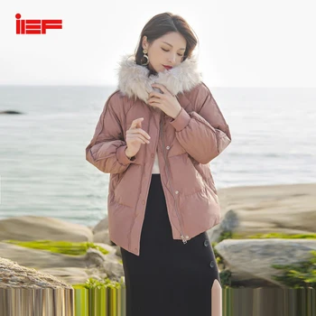 

IEF Winter Fur Collar Solid Color Short Style Hoodies Down Jacket Women Long Sleeves 0517A-D037-