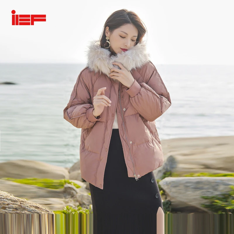 IEF зима меховой воротник сплошной цвет короткий стиль толстовки пуховик женский