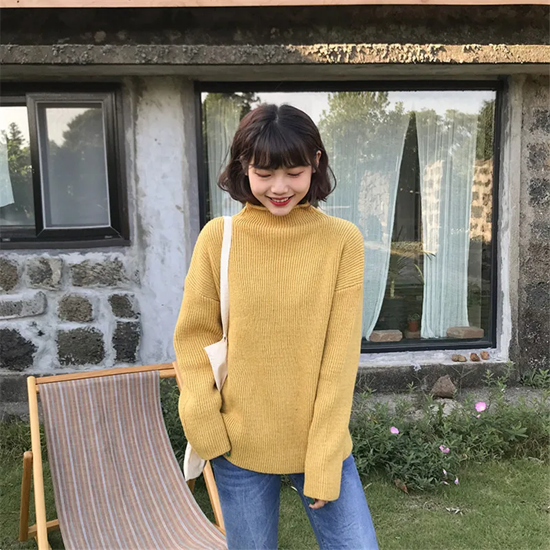 RUGOD корейский однотонный базовый свитер пуловеры для женщин теплый свободный свитер с высоким воротом толстые вязаные топы Модные повседневные женские