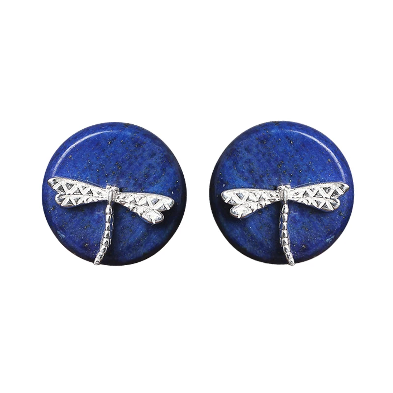 

925 Sterling Silver Earrings Round Lapis Lazuli Dragonfly Stud Earrings For Women Popular Ethnic Style Lady Ear Jewelry