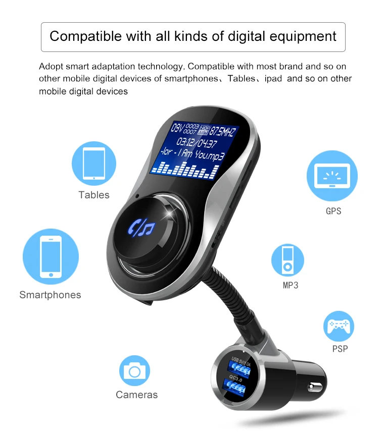 Автомобильный музыкальный mp3-плеер, bluetooth, автомобильный комплект, fm-передатчик, модулятор, громкая связь, двойной USB, быстрое зарядное устройство, Смарт Bluetooth, автомобильное зарядное устройство, BC26Q