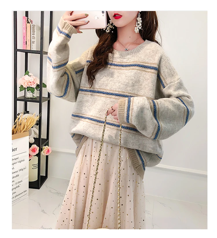HF19805 Beige H. SA Sueter de Mujer женский свитер Повседневный Полосатый пуловер Синий Повседневный вязаный кашемировый Женский пуловер большого размера - Цвет: HF19805 Beige