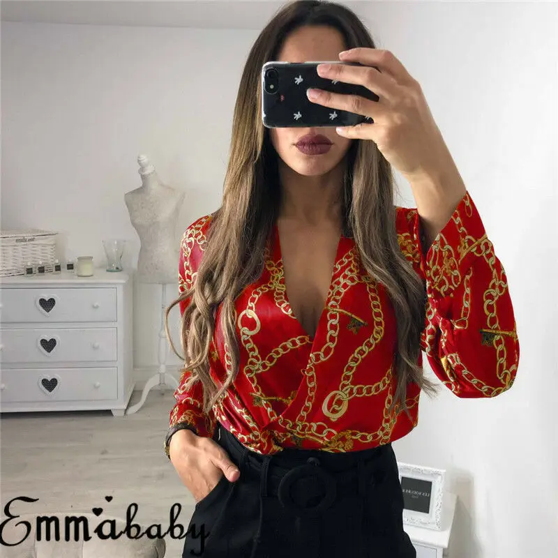 Vintage Silk Rompers Womens Jumpsuit Long Sleeve Chain Print Top Shirt Ladies Deep V Neck Key Printed Sexy Satin Bodysuits | Женская