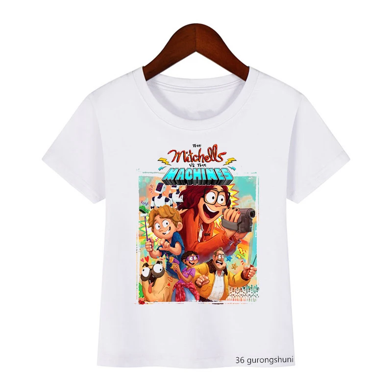 New Arrival koszulki dla chłopców Cartoon Mitchells Vs maszyny wydruk graficzny dziewczyny t-shirty śliczne Tshirt dzieci ubrania białe topy