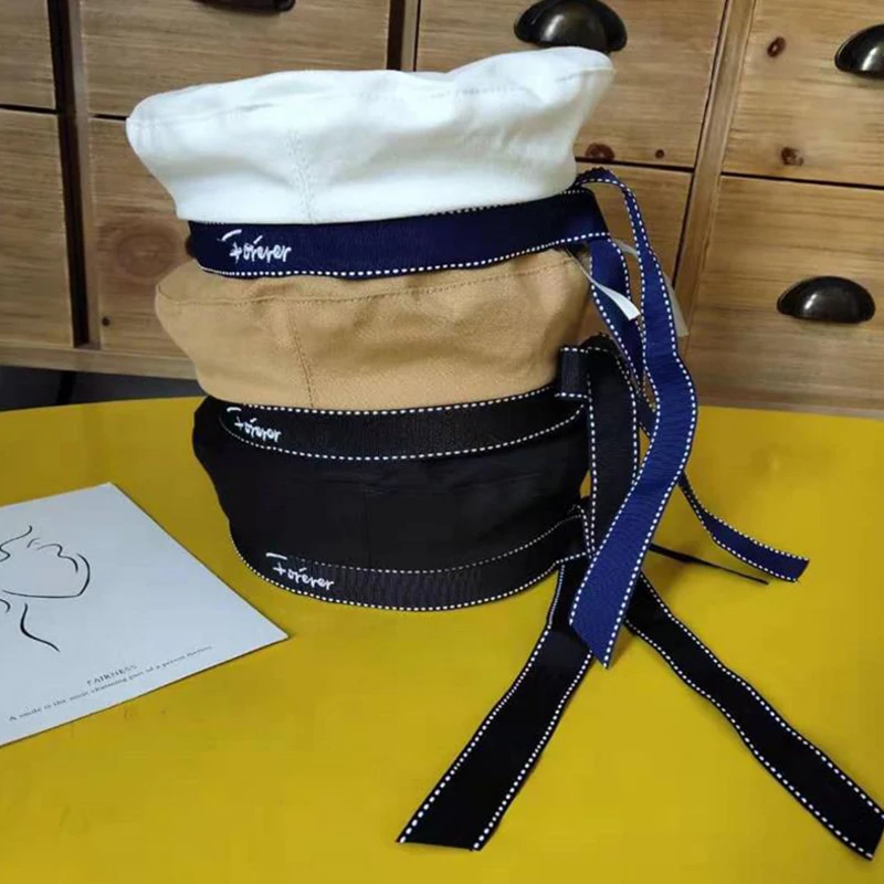 Модный хлопковый берет, шапка для женщин с бантом из ленты, шапка с вышитыми буквами, Женская Шапка-бини, берет для милых девушек на осень и зиму