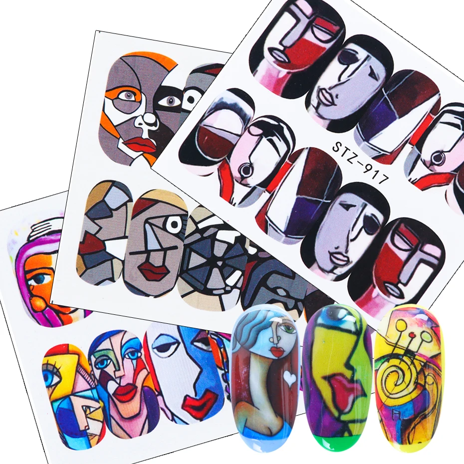 1pc Abstract Face Nail Water Stickers Decals Colorful Beauty Cool Girls Slider Charming New Year Decorations LYSTZ906-921