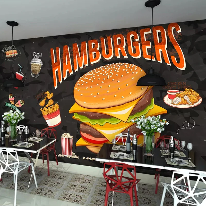 

Drop Shipping Custom Mural Wall Painting Hamburger Fried Chicken Fast Food Coffee Wall Decorative Wallpaper Papel De Parede 3D