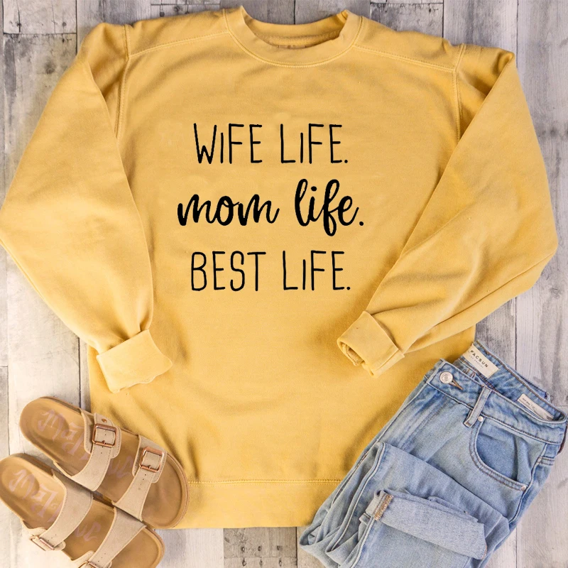 ZBBRDD Женская толстовка с круглым вырезом и надписью «Wife Life Mom Life Best Life», осенне-зимняя одежда больших размеров, подарок для мамы, топы с длинными рукавами