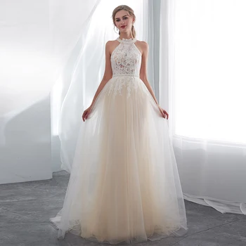

Alagirls Elegant Lace Light Champange Wedding Dresses 2020 Pearls O Neck Wedding Gown vestido de noiva Chiffon Bridal Dress
