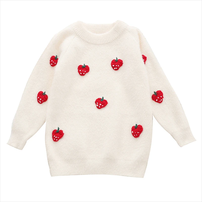 ShangTong/ вязаный свитер ручной работы с клубникой; Зимний Детский свитер хорошего качества; зимняя вязаная одежда для маленьких девочек - Цвет: White