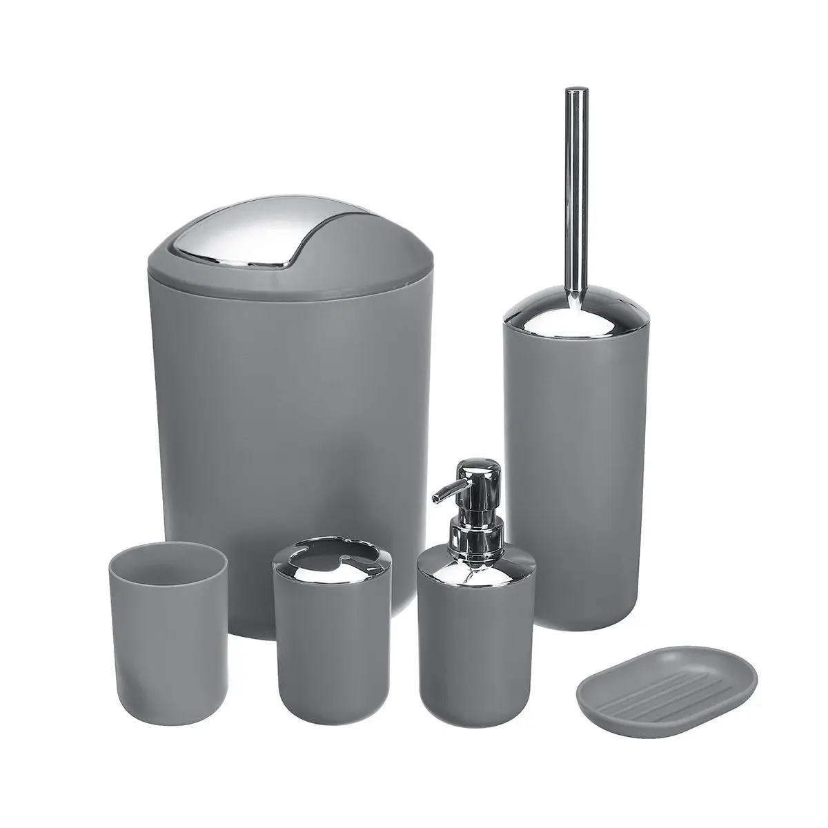 6 шт./компл. набор аксессуаров для ванной комнаты дозатор для лосьона держатель зубной щетки чашка мыльница туалетная щетка мусорное ведро - Цвет: Grey