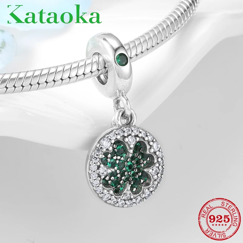 

925 Sterling Silver Anything is prossible good luck Green CZ clover Pendants Fit Original Pandora Charm Bracelet bangles Jewelry