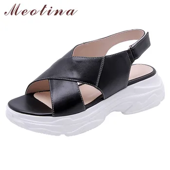 

Meotina Shoes Women Natural Genuine Leather Platform Wedge Heel Sandals Open Toe Causal Sneakers Summer Sandals Female Black