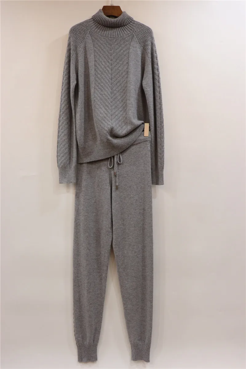 Серый Real New Winter Knit Cashmere Suit Fashion High Collar Pullover Sweater Solid Color Casual Pants Feet And Two-piece Women - Цвет: Серый