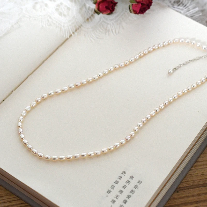 ASHIQI 4mm Mini Natural freshwater pearl necklace for women wedding 925 sterling silver jewelry