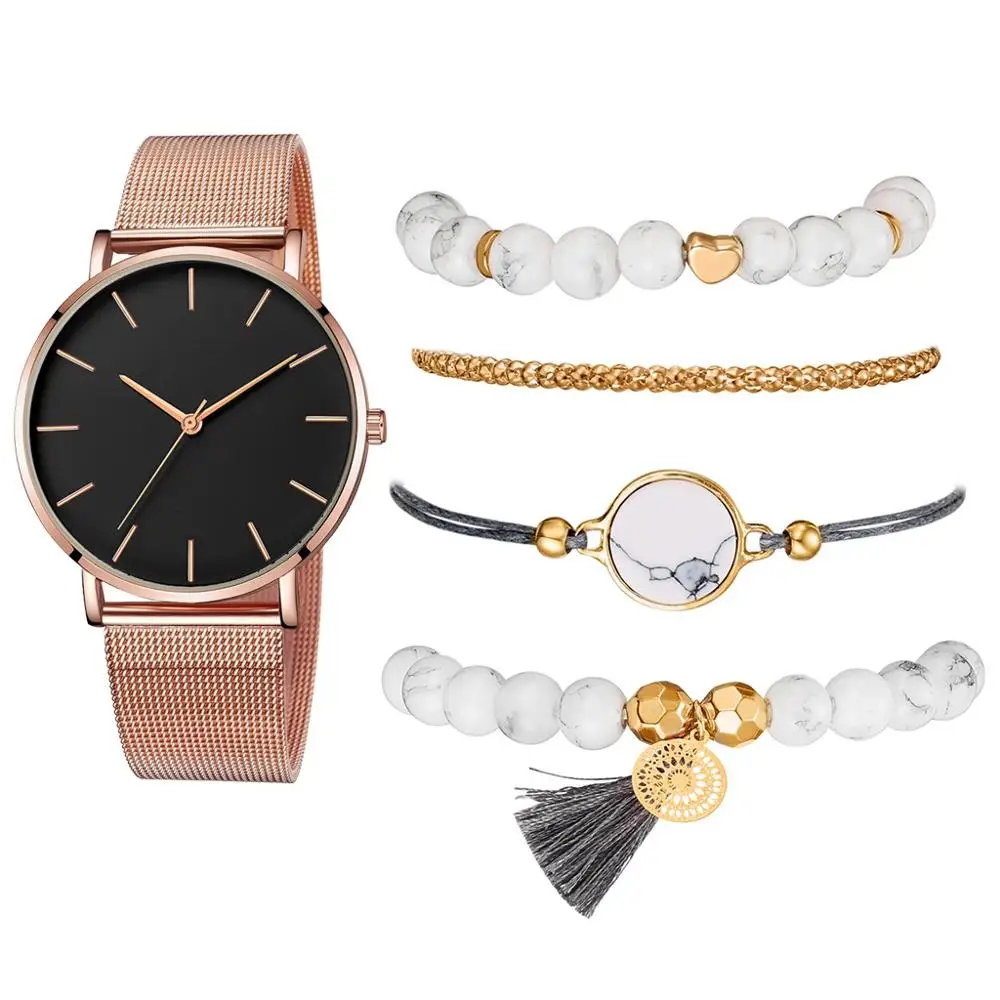 Новинка, 5 комплектов, модные роскошные женские часы, браслет, водонепроницаемые, розовое золото, нержавеющая сталь, сетка, кварцевые наручные часы, женские часы - Цвет: Watch Set 04