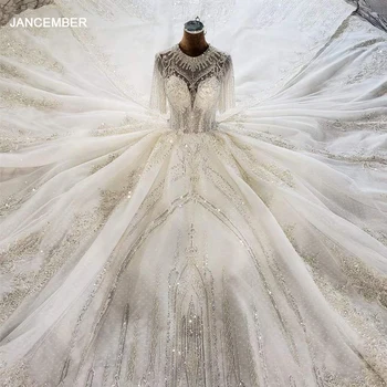 شراءفستان زفاف فاخر مطرز بالكريستال مطرز بالخرز من HTL2039 فستان زفاف 2021 نصف كم برقبة دائرية وأربطة من الخلف