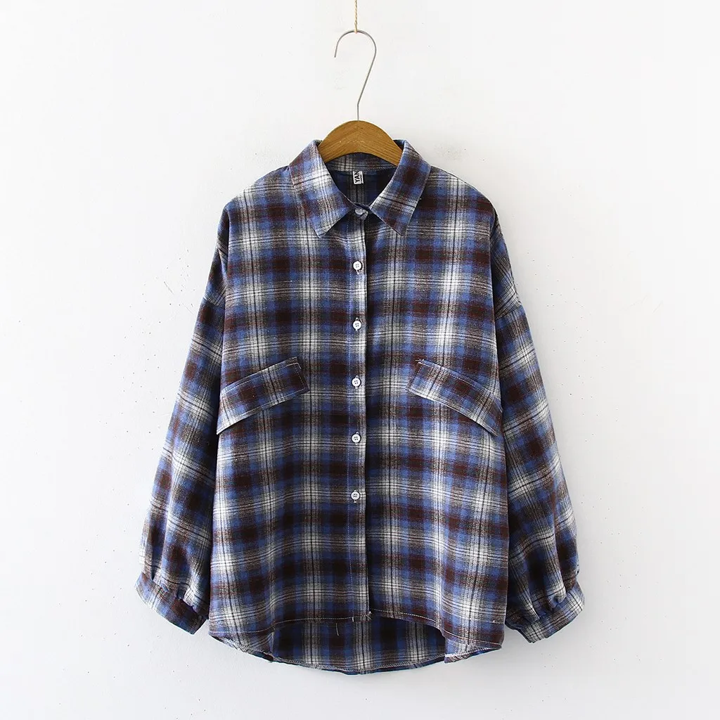 Клетчатая Женская кимоно-кардиган, блузка, Осень-зима, Ретро стиль, длинный рукав, рубашки с отворотом, Повседневная Свободная блузка, женская рубашка