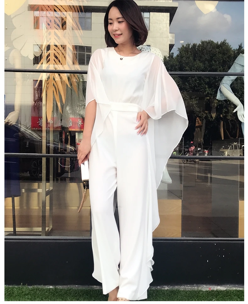 Sexy White Rompers Women Fashion Batwing Sleeve Party Jumpsuit Rompers Chiffon Stitching High Waist Wide Leg Pants Black Romper
