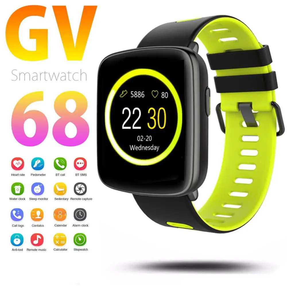 

Top GV68 Smart Watch IP68 Waterproof Fitness Heart Rate Bluetooth Smart Men's Sports Watch Two-Color Silicone Strap Digital