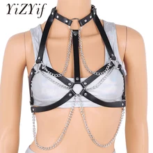 Женский панк готический Холтер шеи Грудь Жгут пояс из искусственной кожи ремни упряжки поясной ремень с металлическими уплотнительными кольцами и цепи с кисточками