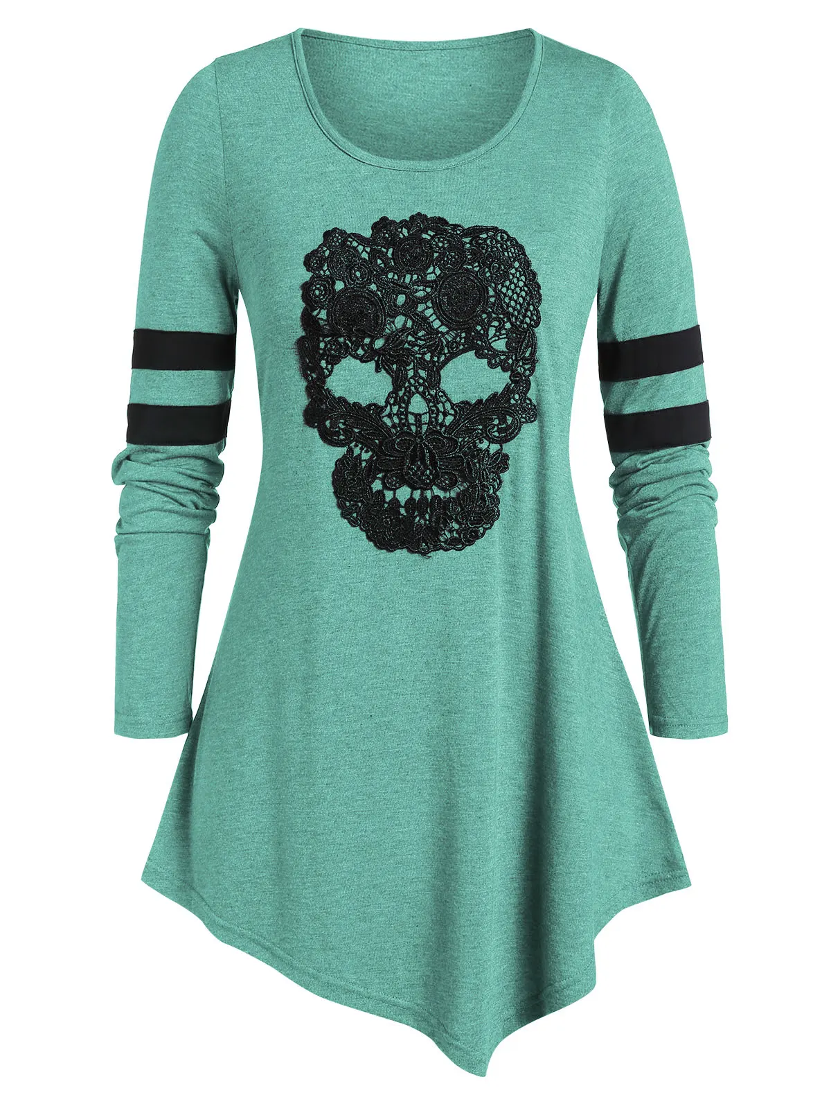 ROSEGAL, ассиметричная футболка размера плюс с длинным рукавом и принтом черепа, женские готические топы, Пуловеры с круглым вырезом, повседневные футболки, осень - Цвет: Light Sea Green