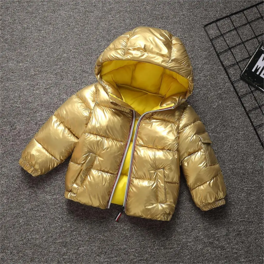 CYSINCOS Children's Down Jacket Winter Baby Boys Girls Solid Color Glossy Warm Coat Kids Down Cotton Coat Waterproof Snowsuit - Color: Gold