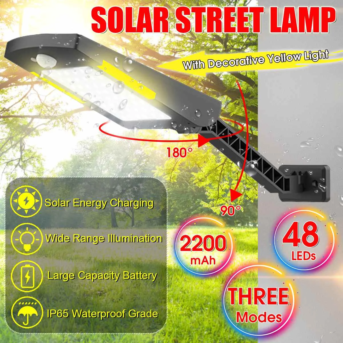 

48 LED Wireless Solar Lamp With Three Modes Outdoor Waterproof Solar Light Security Lighting With Rod For House Wall Street Gard