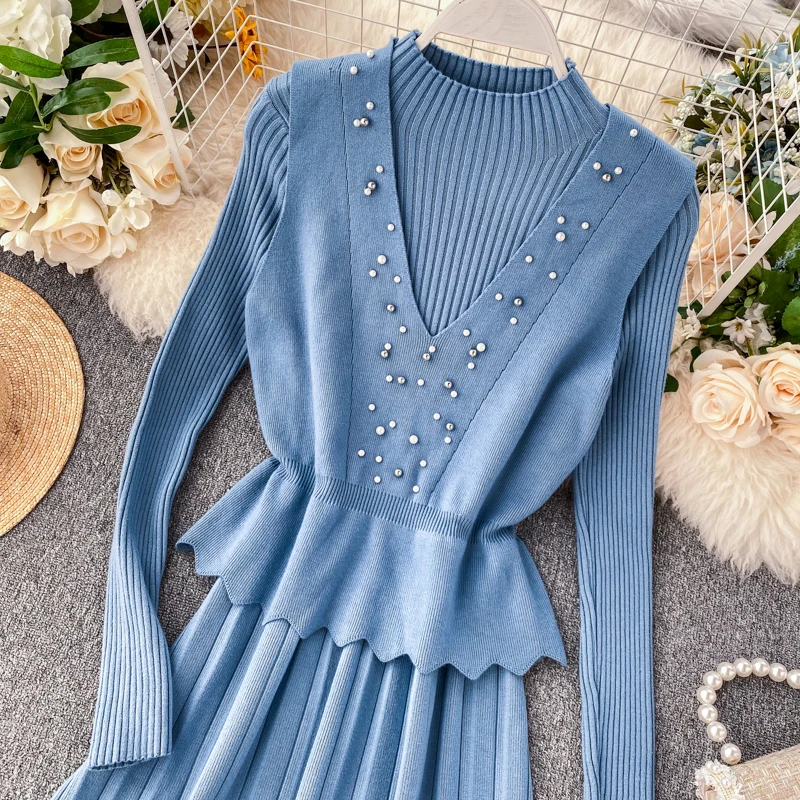 ALPHALMODA осенний женский элегантный костюм из 2 предметов жилет с бисером+ плиссированное платье с высоким воротником зимний комплект из 2 предметов