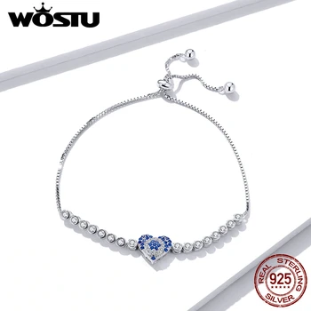 

WOSTU Dazzling Heart Bracelet Blue Zircon Chain Braceltes Real 925 Sterling Silver For Women Wedding Fashion Jewelry FNB038