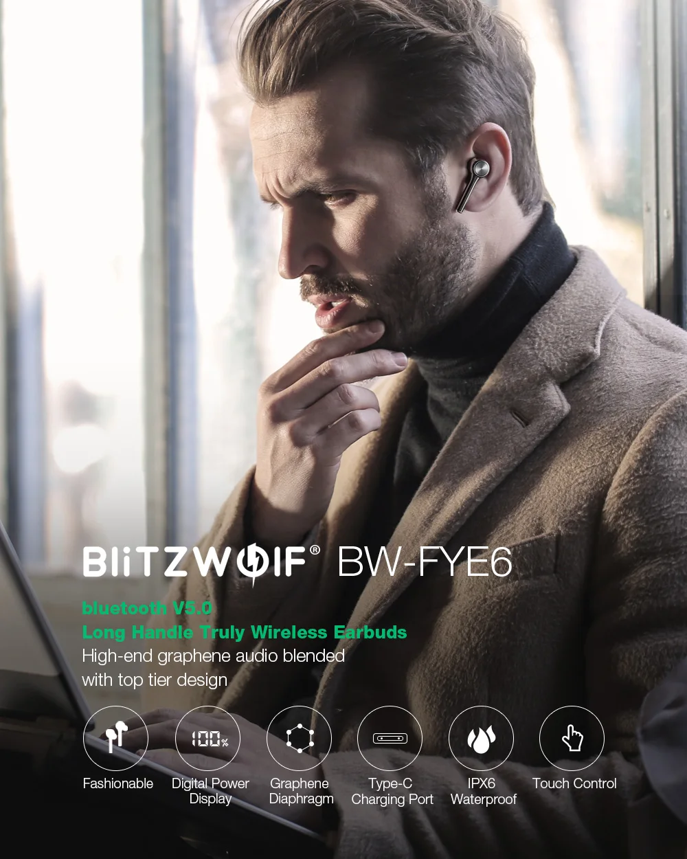 Blitzwolf fye6 long handle bluetooth 5.0 tws true wireless earphone graphene digital display bilateral call headphones headset (fye6)