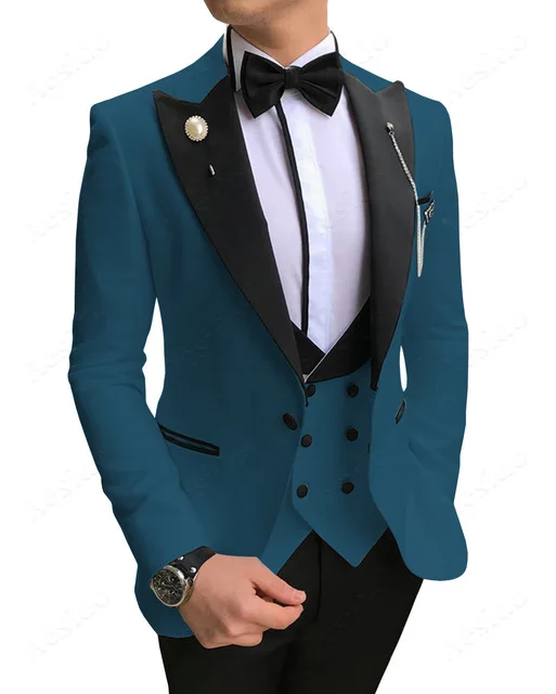 Teal Blue Повседневный мужской костюм, приталенный, 3 предмета, торжественные смокинги для выпускного, двубортные костюмы для свадьбы, жениха, мужские(Блейзер+ жилет+ брюки - Цвет: Teal Blue