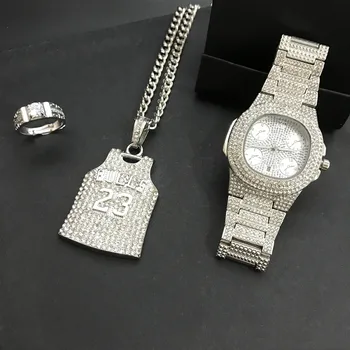 

Luxury Men Silver Color Watch Hip Hop Split Heart Necklace Men Watch & Necklace & Ring Ice Out Cuban Hip Hop Jewerly Set For Men