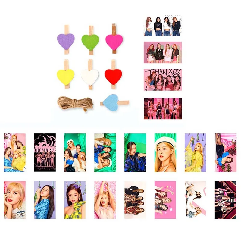 20Pcs/Set BLACKPINK Lomo Cards Self Made Paper Photo Cards with Clips Rope For Fans Collection Gift