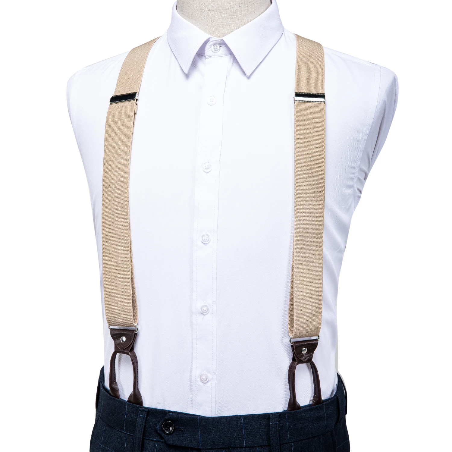 NEW Mens Black Button Suspenders Tuxedo Braces Y Back Real Leather Elastic USA 
