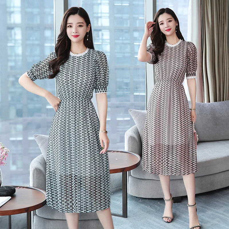 

2019 New Style Summer Fashion Immortal Lace Dress Crew Neck Printed Thousands of Birds Elegant Slim Fit Mid-length Dress
